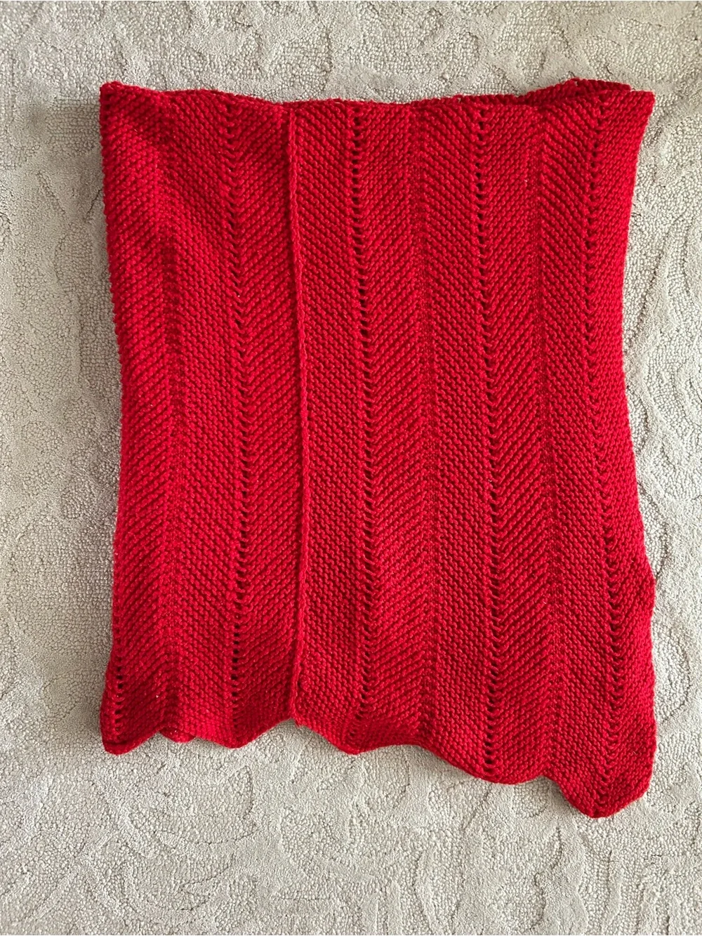 Vintage Handmade Afghan Blanket Crochet Knit 45x60 Red Scalloped Hem Holiday